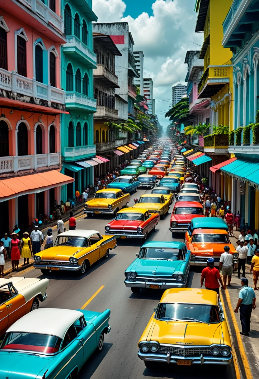 1960s Panama, colorful American cars on the streets, bustling Panamanian crowds, vibrant atmosphere, professional lighting, professional camera, intricate architectural details, vibrant colors, lively street scene, dynamic composition, cinematic framing, high quality, photorealistic, 8k, hyperdetailed, masterpiece