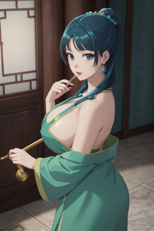 (((Highest quality､Ultra-high resolution､masterpiece: 1.2))), Highly detailed anime art style, Style, (Off the shoulder,Earrings, sexly、The lavish interior of the Tang Dynasty harem), Detailed green hair, Detailed blue eyes, Symmetrical Eyes、Big complicated hairstyle, Long Hair,Sparkling eyes,like々Shii,hair accessory, Wearing Chinese Earrings, She has a hairpin on her head、Holding a kissel in his right hand, bangs, Detailed lighting, Bright colors, Looking at the audience, Shots from 45 degrees above and to the left and right､Look forward､Stand in the center of the image､Cowboy Shot,Cat､Curvaceous､Very big boobs､BIG ASS､High-end kimono､Traditional Tang Dynasty Kimono、Deep red lipstick､Courtesan-style costume、I have a pipe、