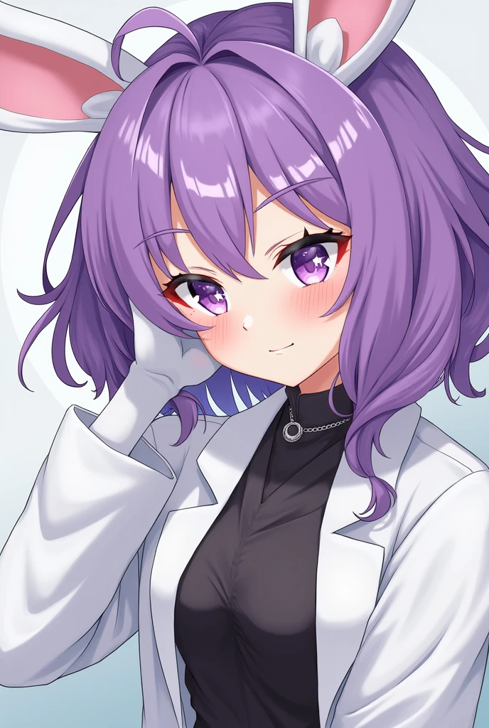 women; scientific; white lab coat; black blouse; medium breasts; purple eyes; purple hair; Bunny Ears; eyes with star-shaped pupils