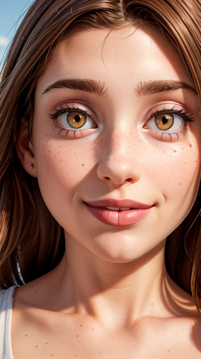 Ultra-realistic full face, full body photorealistic image of a 34 year old goddess with a beautiful face, with deep brown eyes that captivate anyone who meets them. Her short brown hair falls gracefully, framing your face with elegance. Full lips paint a smile. Your face is adorned with one or more blemishes, adding a touch of mystery and charm. Light freckles give a playful and natural look to your appearance., giving you an aura of freshness. Your beauty is a harmonious mix of unique and captivating features, making you irresistibly attractive.