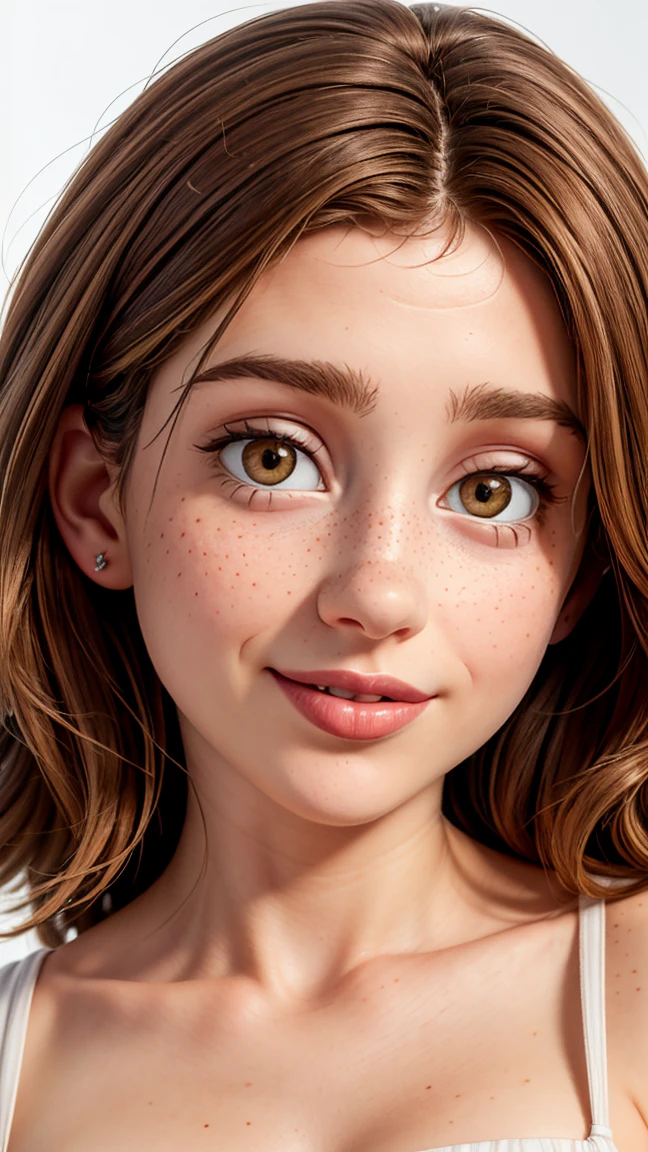 Ultra-realistic full face, full body photorealistic image of a 34 year old goddess with a beautiful face, with deep brown eyes that captivate anyone who meets them. Her short brown hair falls gracefully, framing your face with elegance. Full lips paint a smile. Your face is adorned with one or more blemishes, adding a touch of mystery and charm. Light freckles give a playful and natural look to your appearance., giving you an aura of freshness. Your beauty is a harmonious mix of unique and captivating features, making you irresistibly attractive.