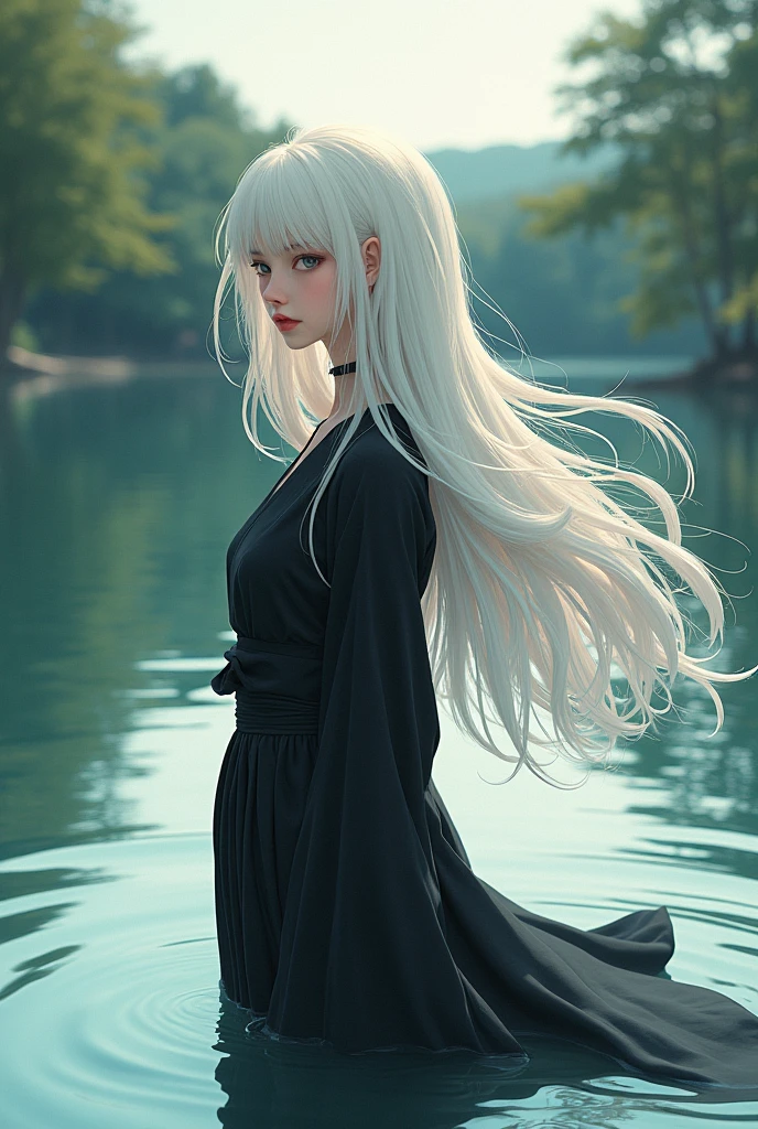 A woman with long white hair in a lake with a black blouse and tight fitting in a long Japanese style skirt in the manga art style in the nakaba suzuki style