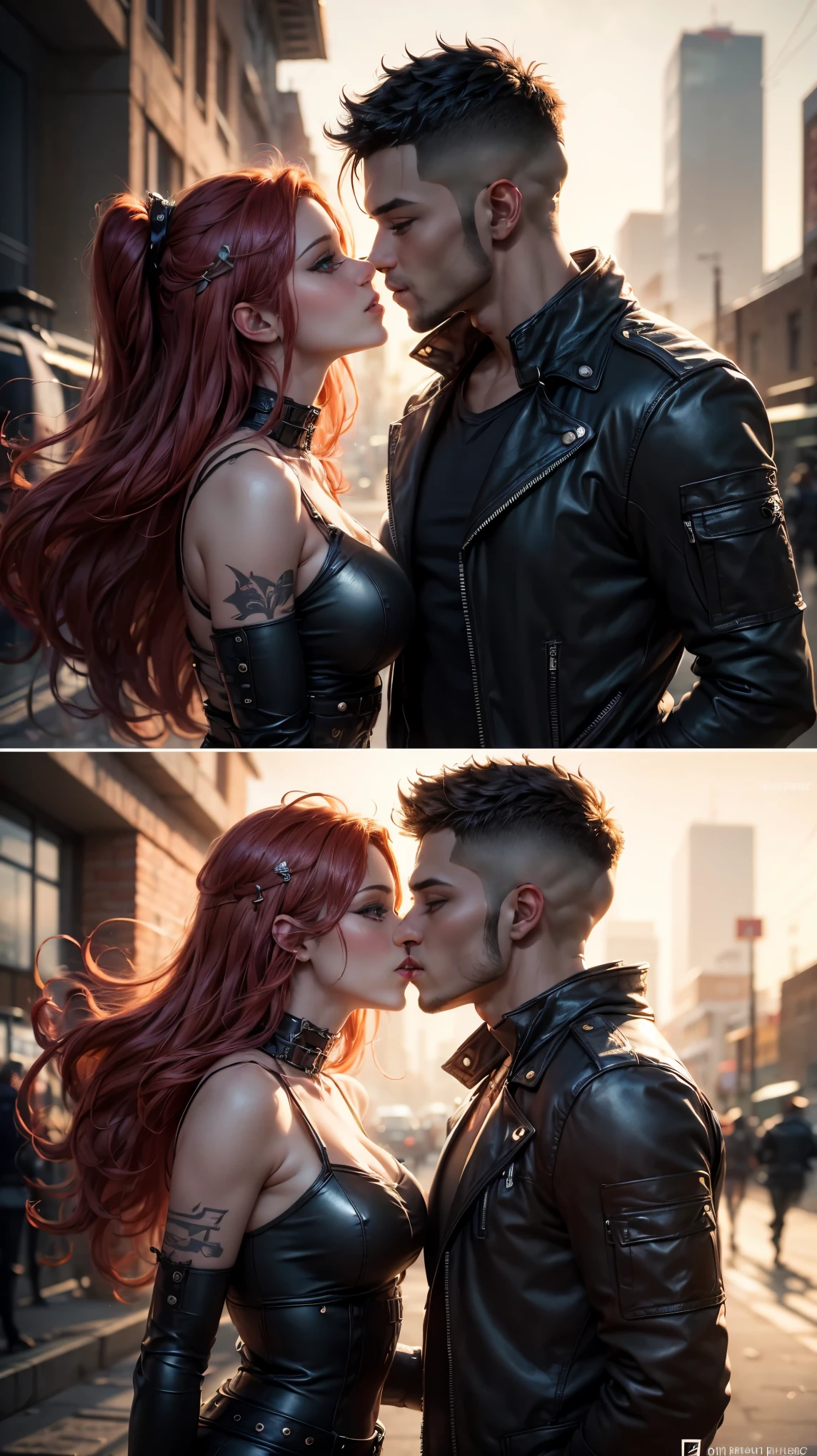 anatomically correct:1.3, 8K high resolution and sharp image. The image must be super original and complex, with a variety of beautiful and vibrant colors.(masterpiece, Best Quality),incredibly beautiful young heterosexual couple:1.5, kissing face to face in the streets, This illustration captures a beautiful radiant punk style., flowing hair... dressed in Mad Max style, He wears a leather pilot&#39;s cap adorned with intricate ornamentation, a torn leather jacket covering his torso adorned with numerous metal studs and ornaments. Her outfit is completed with punk-inspired pants and combat boots.....She poses dynamically and sensually..., her captivating expression, radiating an aura of confidence and defiance. The backdrop to this masterpiece is nothing short of epic....,at night, showing a destructive scene of apocalyptic explosions, 32K.of_DeepNegative_v1_75t