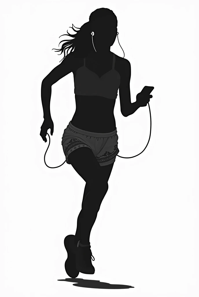 Silhouette Art。PAPERCUT。Solid black。No background。Woman running alone。Holding your phone in your hand。White earphones in ears。A wire is connected to the smartphone in your hand。Wearing white patterned shorts。Small breasts。Right beside。Right facing。Model body type。Leg length。