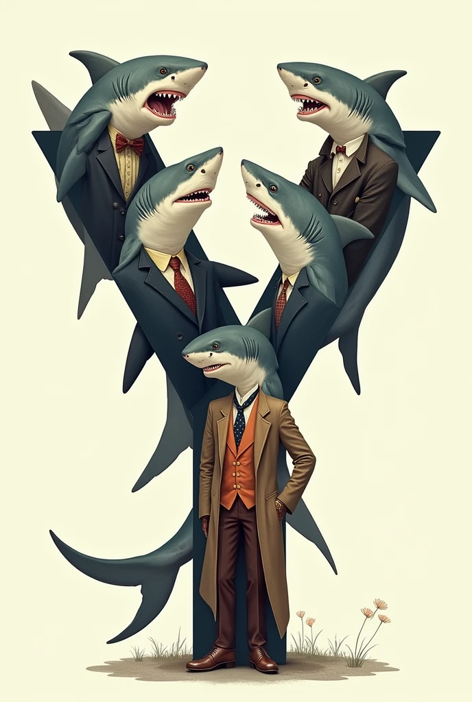 A letter Y filled with sharks dressed in different ways