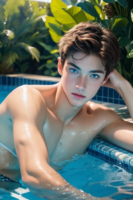 (Best Quality, Realistic), 15 Year Old (1 Boy), Detailed Eyes, Detailed Lips, Brown Hair, Blue Eyes, Wearing Speedo with Volume, Swimming Pool, Cozy Environment, Soft Lighting, Tranquil Surroundings,white bikini