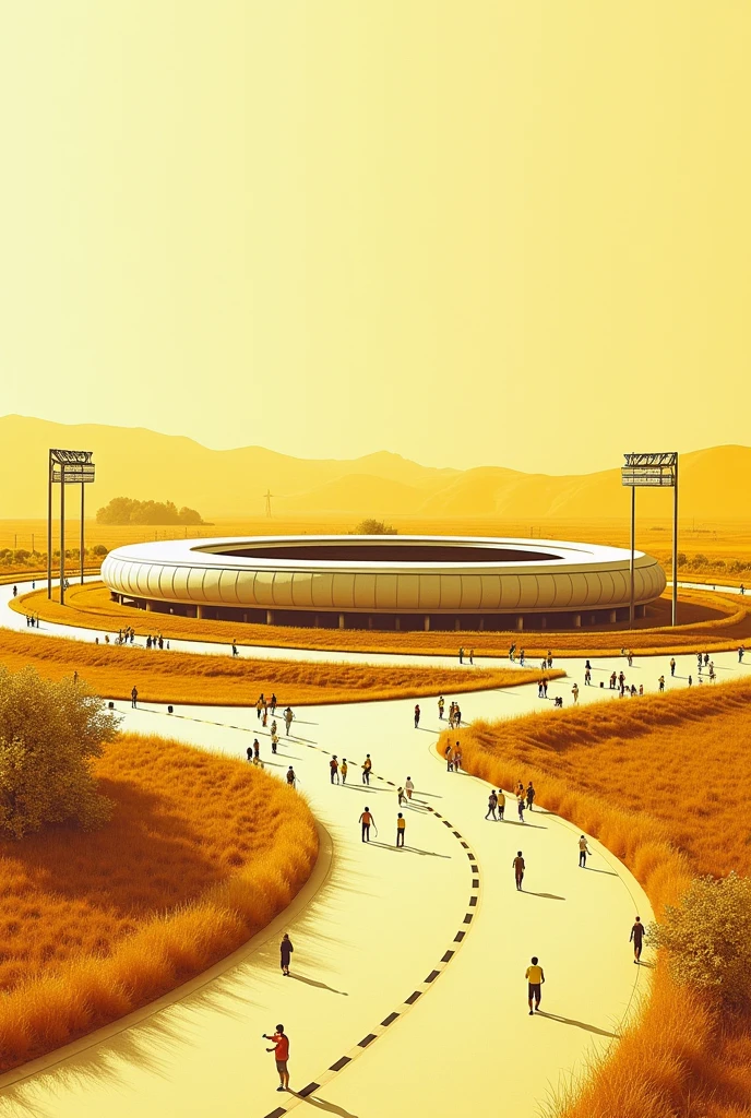 CREATE AT LEAST 10 IMAGES WHERE A SUSTAINABLE TOURIST ATTRACTION IS PRESENTED FOR A MAIN ROAD, CONSIDERING THAT THE PROJECT IS A RECTANGULAR-SHAPED OLYMPIC STADIUM WITH A SPORTS COMPLEX ON THE OUTSIDE THAT EXPANDS AROUND THE STADIUM, THEREFORE THE IMAGE SHOULD BE A MONOCHROME ILLUSTRATION TYPE IN YELLOW WITH PEOPLE.