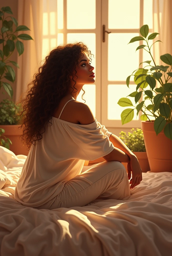 (photorealism:1.2), beautiful woman, sitting on bed, wearing loose off-shoulder top, pajama pants, long curly hair, indoors, soft lighting, plants in background, window with sunlight, cozy room, relaxed pose, realistic, intricate details, warm colors, by Greg Rutkowski, by Alphonse Mucha