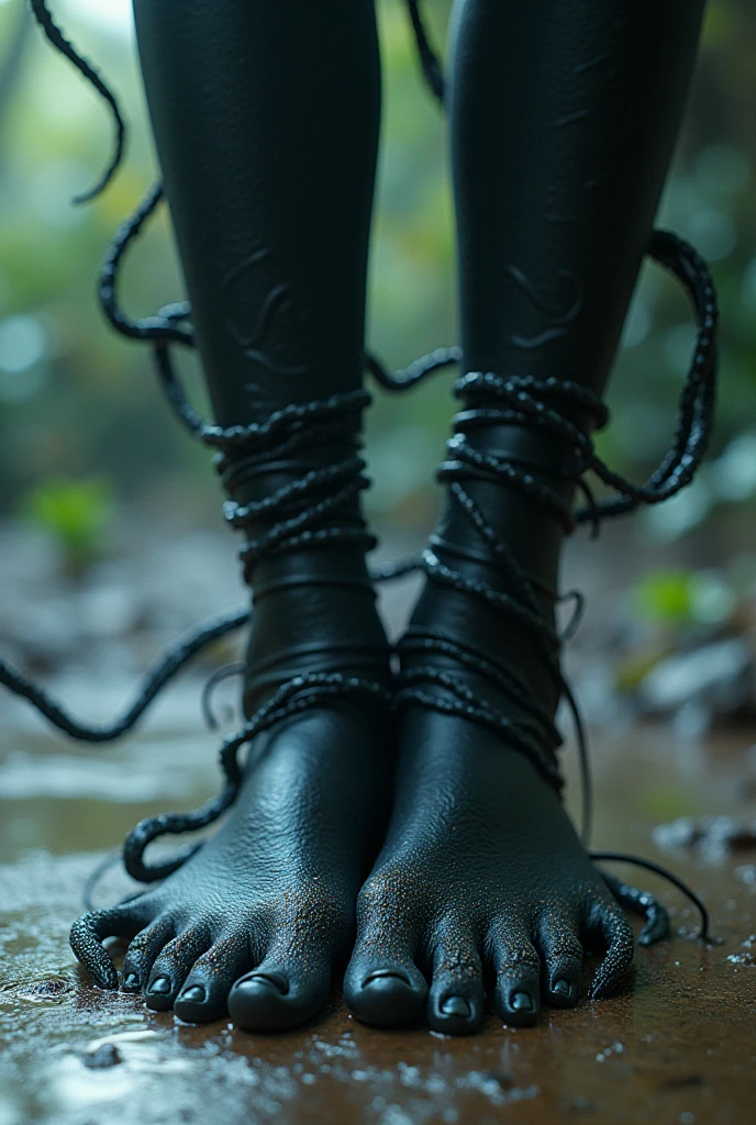 a void creature like woman with black tentacles showing her feet focus on soles from bottom view happy background