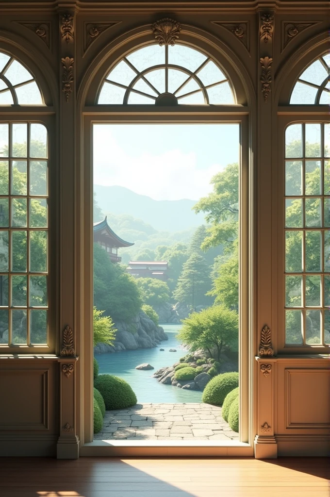 White Victorian style window showing a Japanese landscape behind it