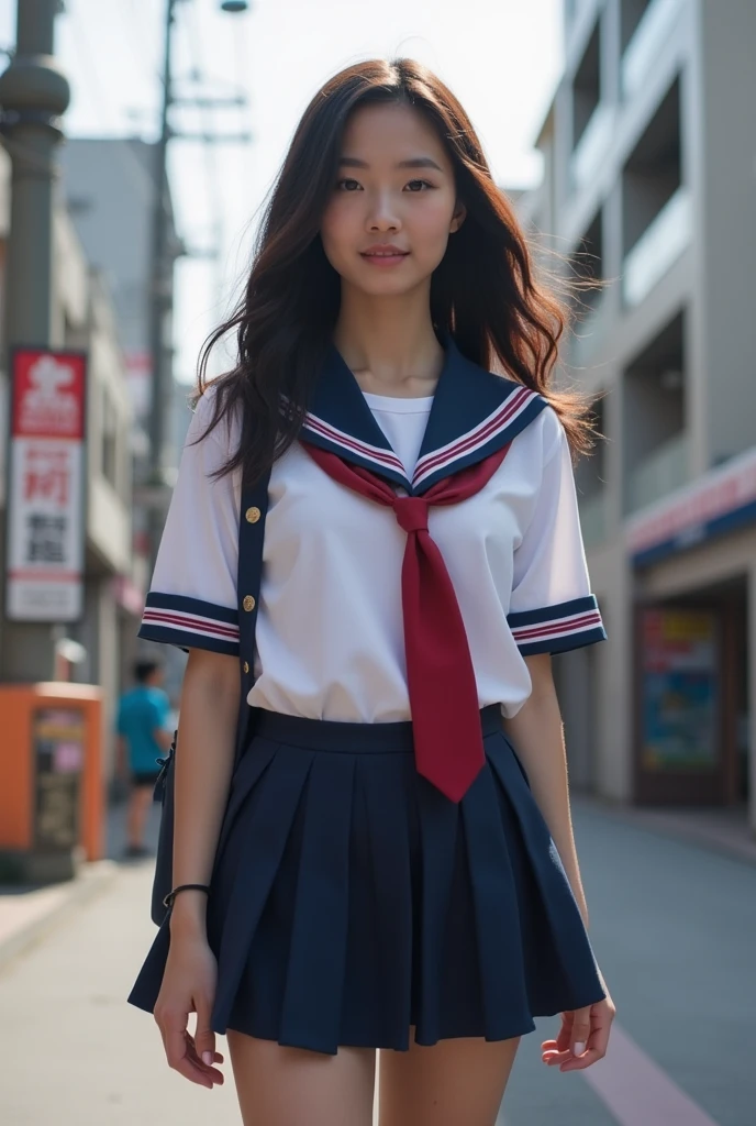 Big ass and big boobs girl in school uniform on the streets of Tokyo Japan