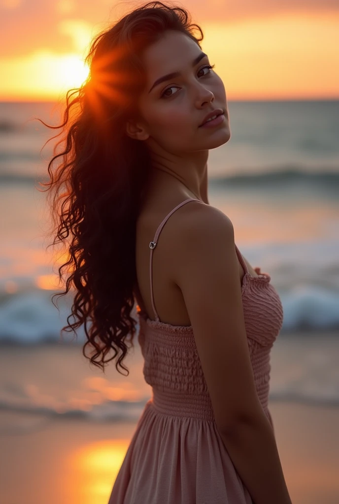 Beautiful face,no bra,reflection, she is beautiful young woman, black wavy curly hair, waves crash on the shore as the sun sets on the beach. A young and beautiful girl poses for the camera, The casual summer dress suits her well. Opening kitchen cabinet, It hugs her slim waist and body. The red rays of the sun are reflected in her beautiful eyes. A very realistic picture. Hdr. Full body, barefoot, no smile