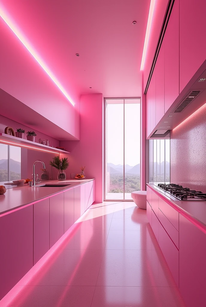 Futuristic mansion led pink interior kitchen 
