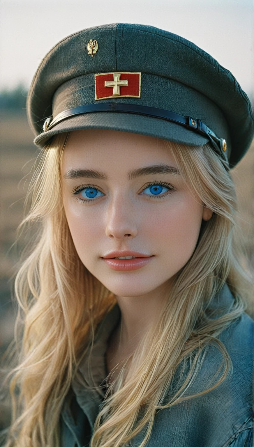 NOT Dasha Taran, amazingly beautiful woman, blue eyes, focus on eyes, cross insignia perfectly aligned with hat, natural blonde hair, photoshoot, photo studio, RAW photo, editorial photograph, film stock photograph, cinematic, posing, amateur photo, analog, raw, f2, 35mm, an (amateur photo), flash photography, taken on an old camera, polaroid, 8k, highly detailed, (high quality, best quality:1.3), Extremely high-resolution, film grain, photography, dslr, 35mm, Fujifilm Superia Premium 400, Nikon D850 film stock photograph, Kodak Portra 400 f1.6 lens, 8k, UHD, fantastically beautiful laughter