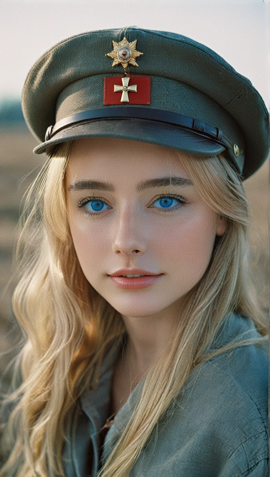 NOT Dasha Taran, amazingly beautiful woman, blue eyes, focus on eyes, cross insignia perfectly aligned with hat, natural blonde hair, photoshoot, photo studio, RAW photo, editorial photograph, film stock photograph, cinematic, posing, amateur photo, analog, raw, f2, 35mm, an (amateur photo), flash photography, taken on an old camera, polaroid, 8k, highly detailed, (high quality, best quality:1.3), Extremely high-resolution, film grain, photography, dslr, 35mm, Fujifilm Superia Premium 400, Nikon D850 film stock photograph, Kodak Portra 400 f1.6 lens, 8k, UHD, fantastically beautiful laughter