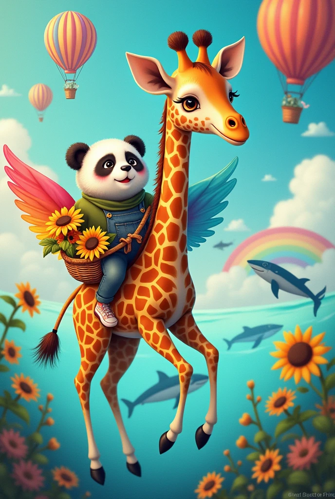 I want a realistic portrait of a giraffe with a basket of sunflowers with rainbow wings, flying through the sea with lots of colorful sharks and whales, with many birds a rainbow and drinking a cup of coffee, with a panda in a flying balloon with a shirt that says I love Eloisa so much