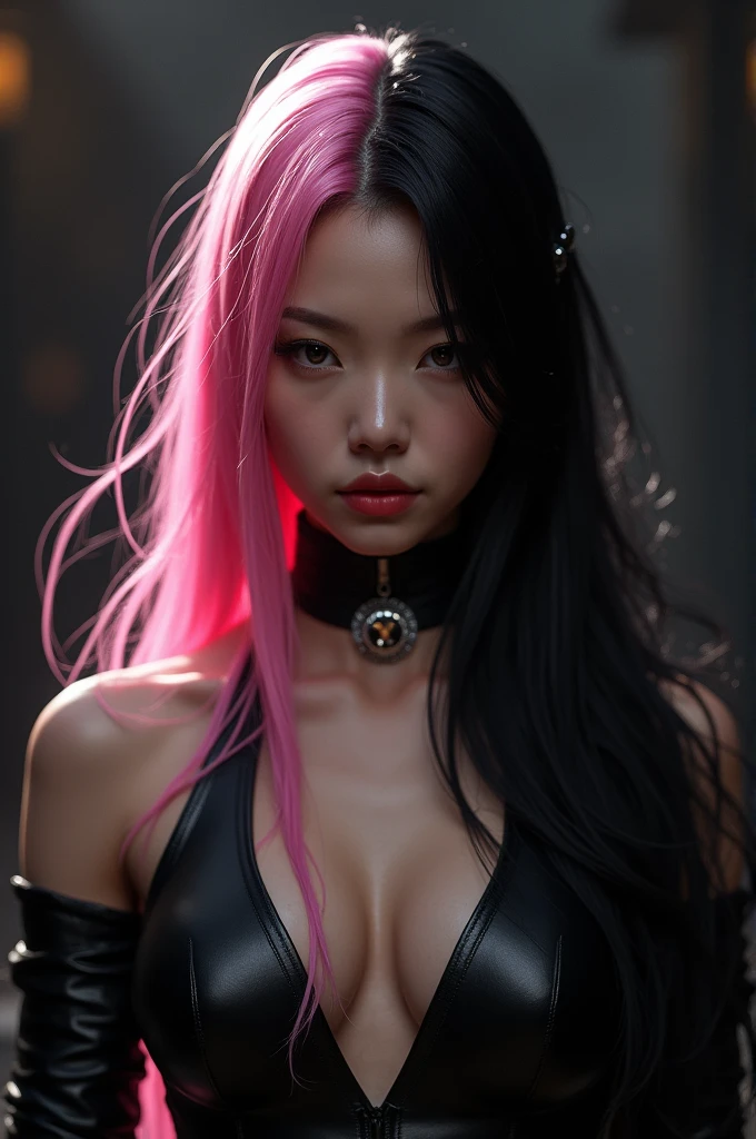 A YOUNG ASIAN VILLAIN WITH SEXY LONG HAIR - HALF PINK AND HALF BLACK - SUPER POWERFUL.