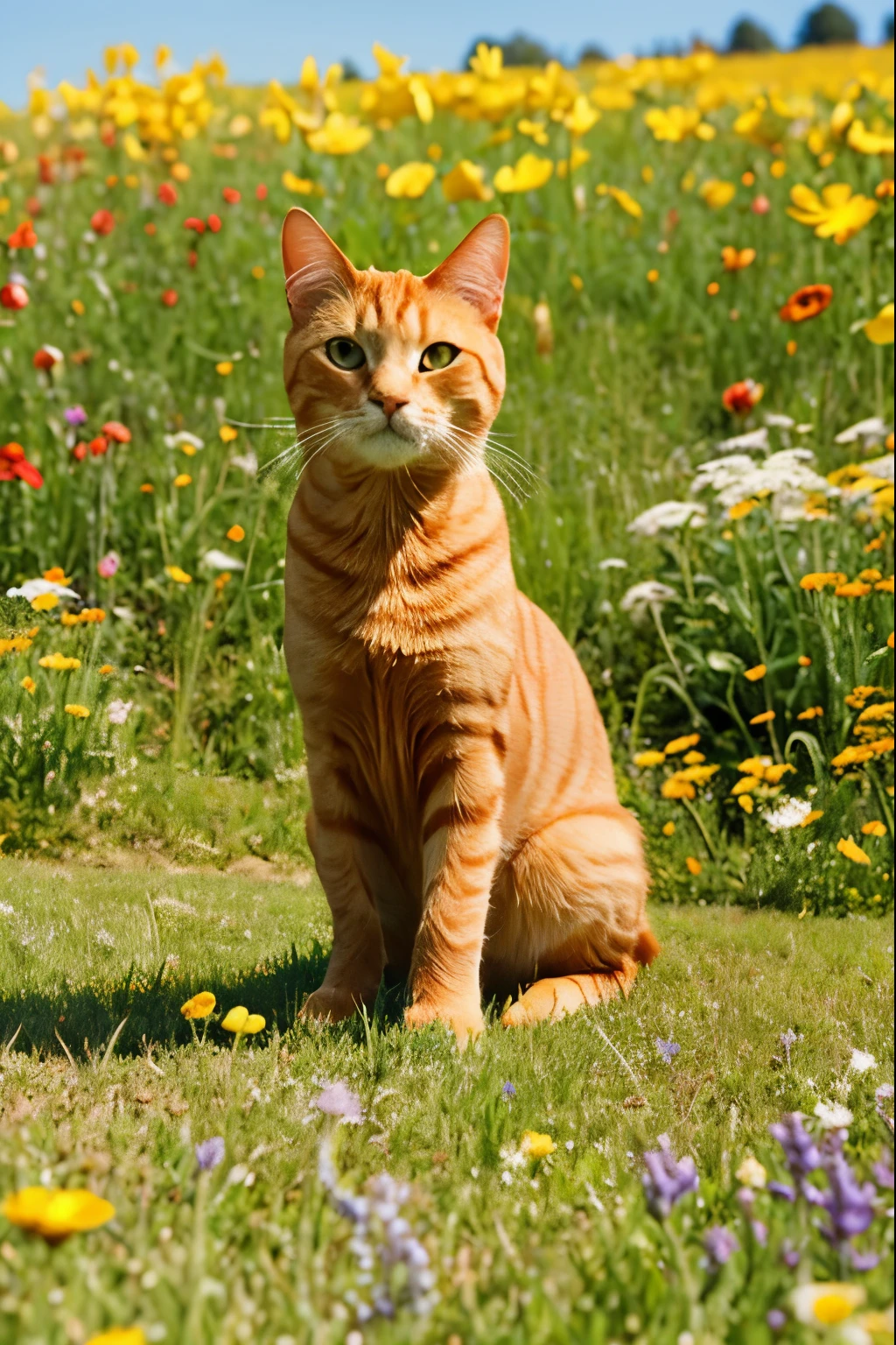 An orange tabby cat standing in a sunny meadow of beautiful flowers, blue sky.
