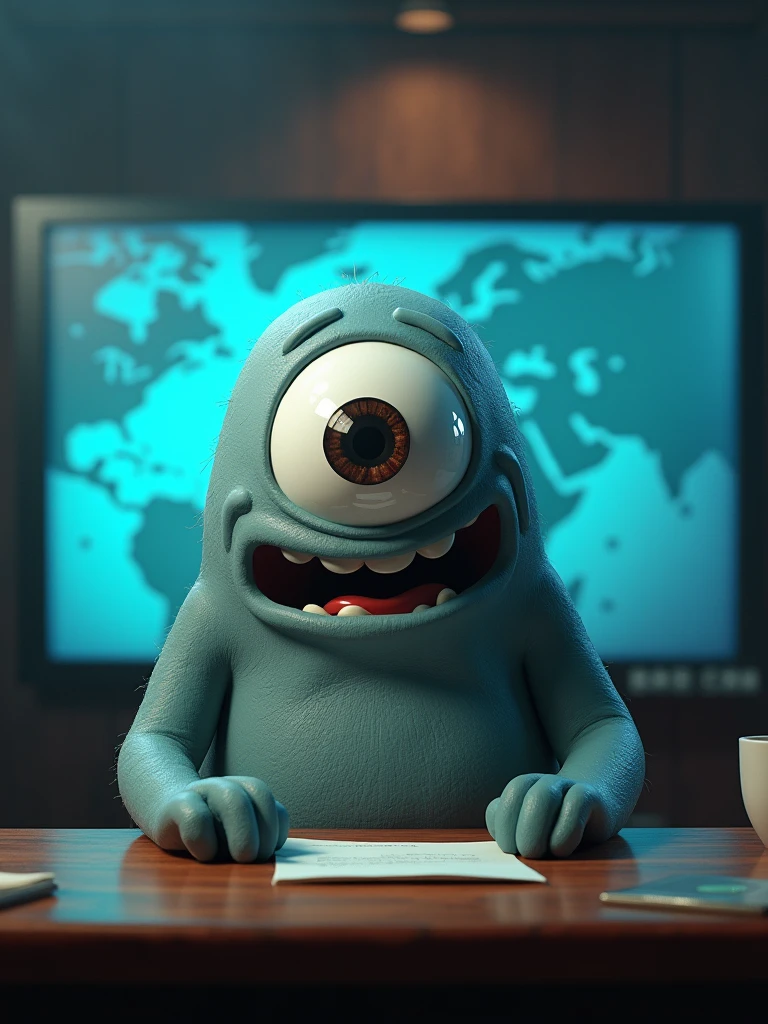 claymation An intriguing cinematic scene featuring a monstrous grey, blueish blob as the anchor of a news broadcast. The creature is situated in front of a detailed TV news set, with a desk and a screen behind it. It has a mysterious expression as it speaks into the camera, its large, single eye reflecting the bright lights. The overall atmosphere is a mix of eerie and captivating, with a touch of dark humor, as the unconventional news anchor engages the audience., cinematic