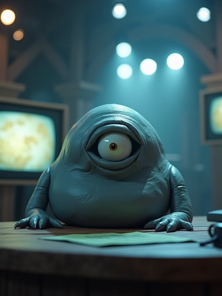 claymation An intriguing cinematic scene featuring a monstrous grey, blueish blob as the anchor of a news broadcast. The creature is situated in front of a detailed TV news set, with a desk and a screen behind it. It has a mysterious expression as it speaks into the camera, its large, single eye reflecting the bright lights. The overall atmosphere is a mix of eerie and captivating, with a touch of dark humor, as the unconventional news anchor engages the audience., cinematic
