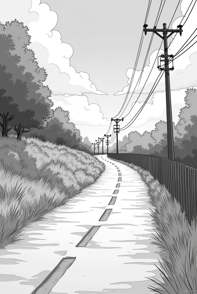 generate a black and white 2d anime style image of a road with two paths