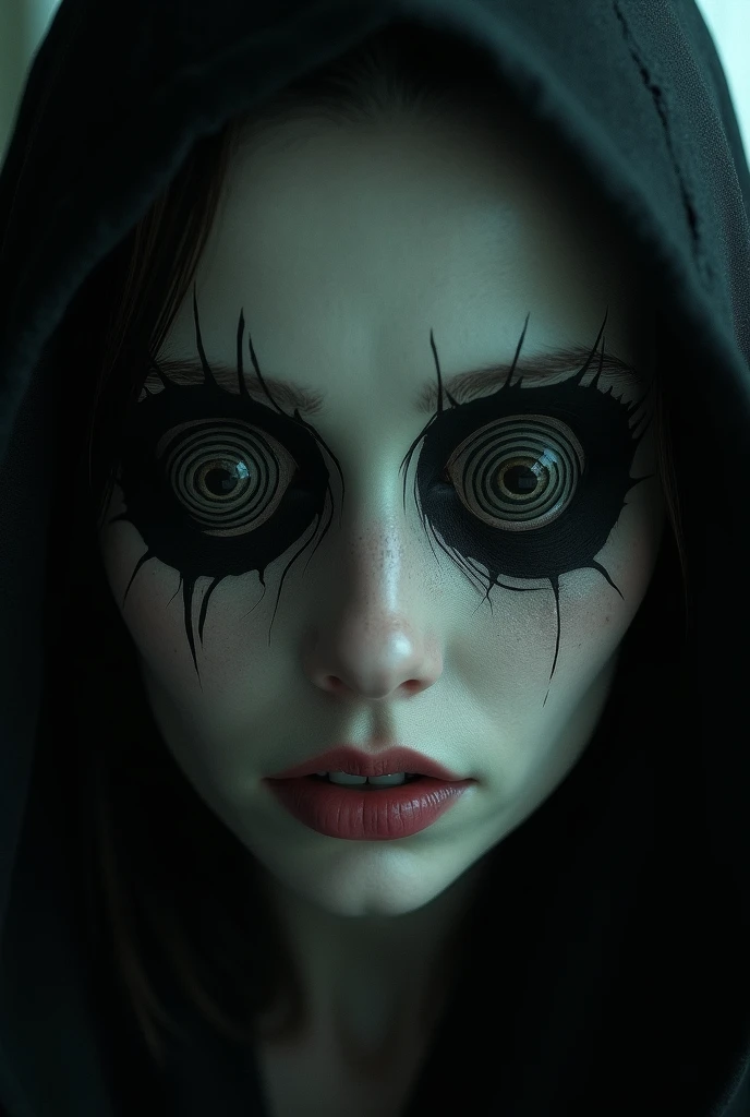 woman hypnotising viewer with soles spiral eyes sinister 