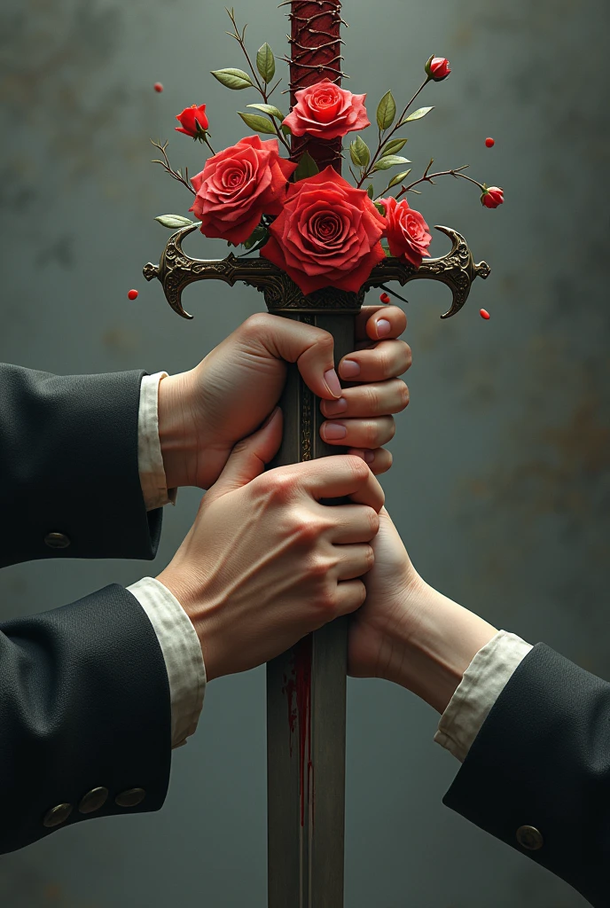 Two man's hands and a woman's hand holding a sword of roses and thorns, with blood