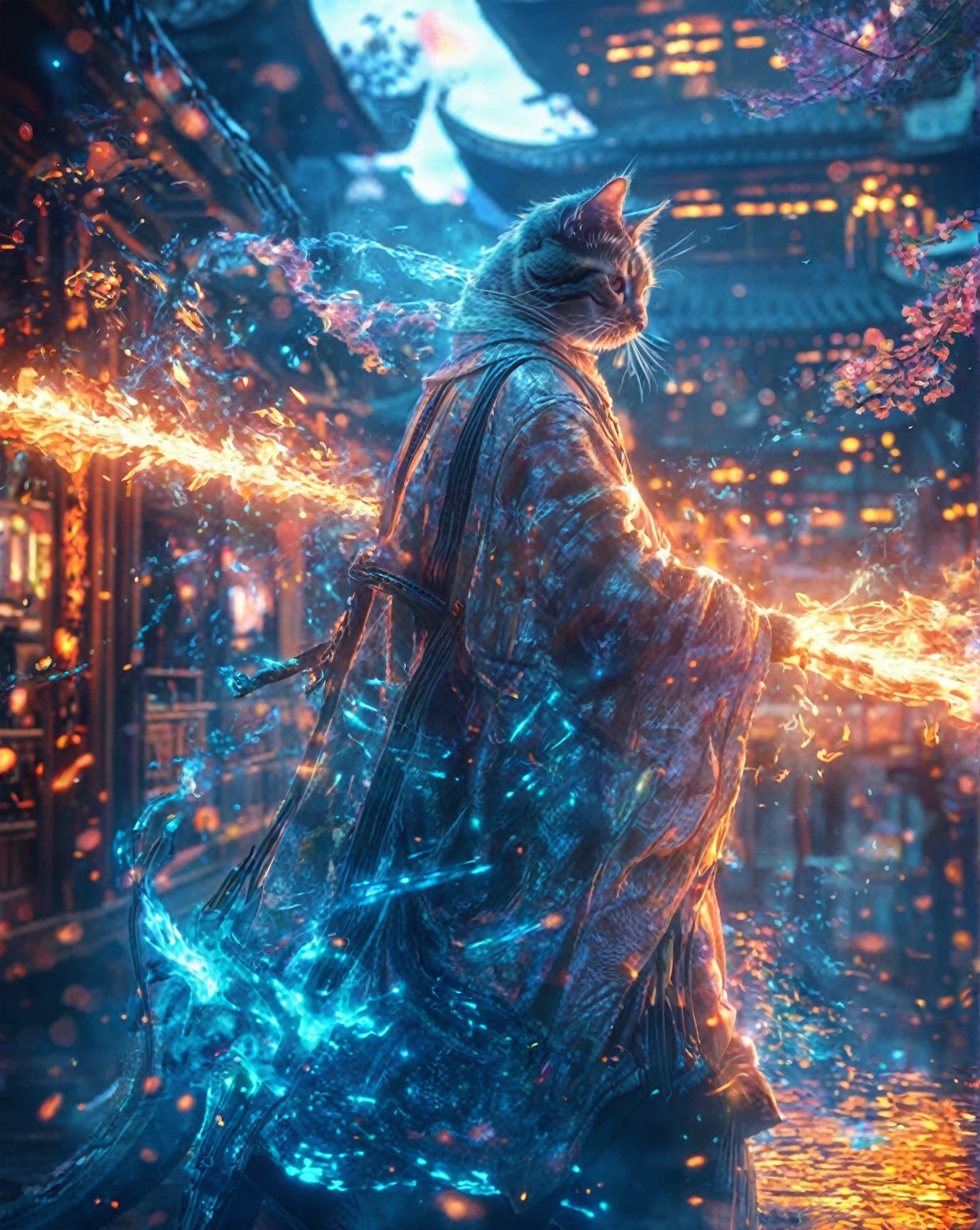 Close-up of a cat with fire in its mouth, 4k highly detailed digital art, 4k detailed digital art, Movie 4k wallpaper, Movie 4k wallpaper, Beautiful digital artwork, Cyberpunk Cat, digital artwork 4k, Popular on artstation 4k, Popular on artstation.', and Mumford. 8 k octane render, Bad guy anime 8k