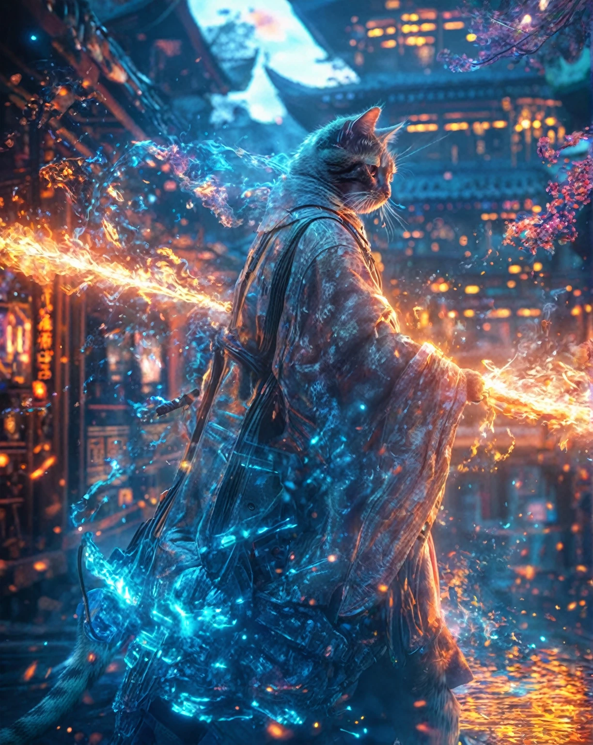 Close-up of a cat with fire in its mouth, 4k highly detailed digital art, 4k detailed digital art, Movie 4k wallpaper, Movie 4k wallpaper, Beautiful digital artwork, Cyberpunk Cat, digital artwork 4k, Popular on artstation 4k, Popular on artstation.', and Mumford. 8 k octane render, Bad guy anime 8k