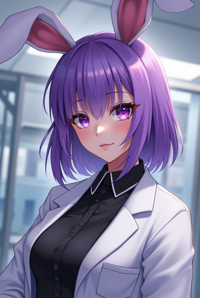 women; scientific; white lab coat; black blouse; medium breasts; purple eyes large star-shaped pupil ; purple hair; Bunny Ears;