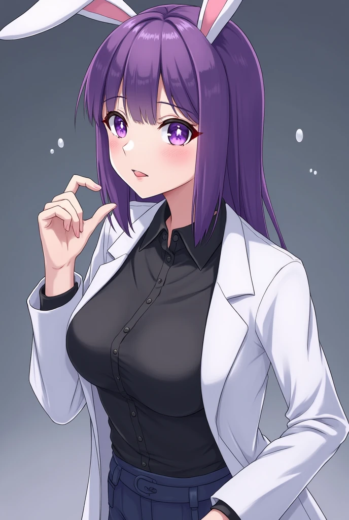 women; scientific; white lab coat; black blouse; medium breasts; purple eyes large star-shaped pupil ; purple hair; Bunny Ears;