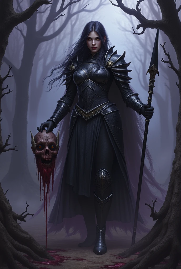 The image shows a dark and powerful scene in a haunted forest environment., with twisted branches and a dark, threatening sky. En el centro de la imagen, a female figure is standing, she has long black hair, holding a spear in his left hand and the decapitated head of a monstrous creature in his right hand. The woman wears detailed black armor, and his eyes shine in shades of gold. The creature whose head is being held has a vampiric appearance, with pale skin, sharp teeth and pointy ears. Blood can be seen dripping from the decapitated creature's neck. The creature's expression is fierce, with closed eyes and open mouth, revealing his teeth.
The female figure appears to be a warrior or huntress in a triumphant pose, suggesting that she just defeated the monster O fundo da imagem é envolto em escuridão, with pointed ears. Blood can be seen dripping from the decapitated creature's neck. The creature's expression is fierce, with closed eyes and open mouth, revealing his teeth.
The female figure appears to be a warrior or huntress in a triumphant pose, suggesting that she just defeated the monster. The background of the image is shrouded in fog and darkness., with twisted trees that add to the macabre atmosphere of the scene.
The image has a predominantly dark color palette., with shades of purple, blue and black.