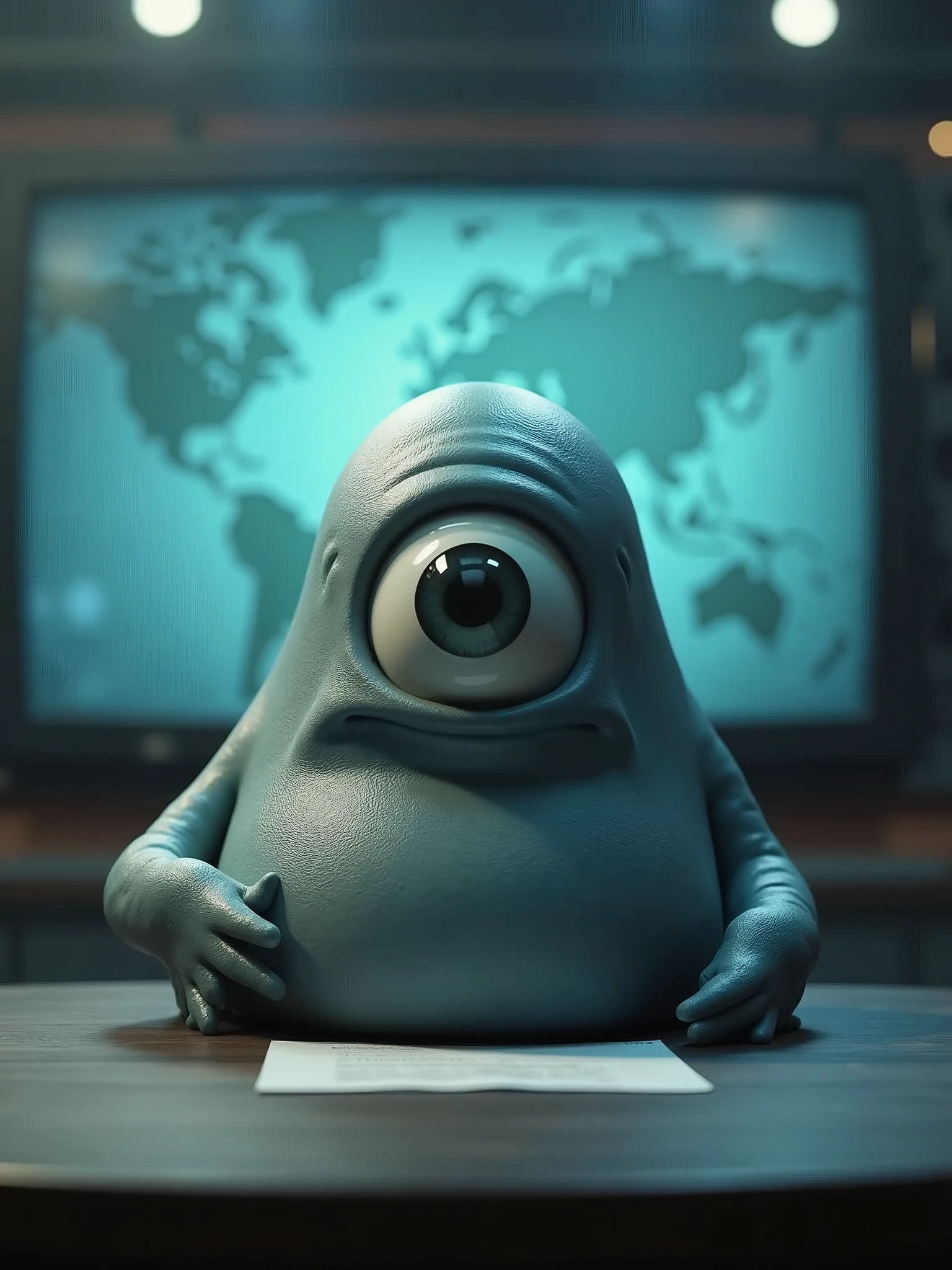 claymation An intriguing cinematic scene featuring a monstrous grey, blueish blob as the anchor of a news broadcast. The creature is situated in front of a detailed TV news set, with a desk and a screen behind it. It has a mysterious expression as it speaks into the camera, its large, single eye reflecting the bright lights. The overall atmosphere is a mix of eerie and captivating, with a touch of dark humor, as the unconventional news anchor engages the audience., cinematic