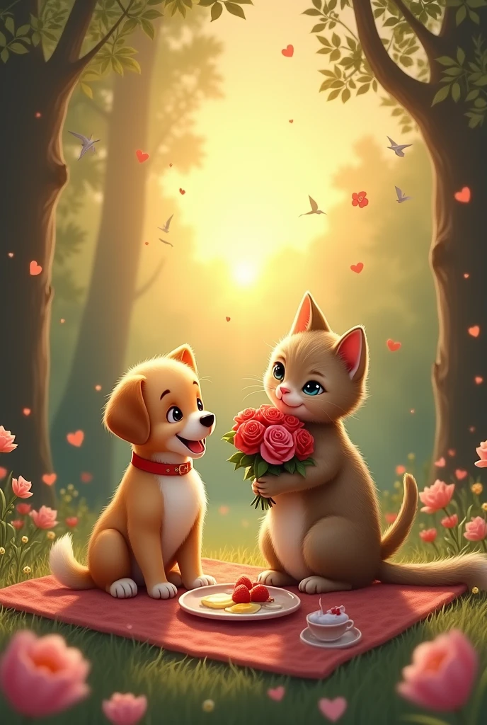Smiling puppy dog: An adorable puppy is smiling happily.
catboy: Next to the puppy, there is a cat holding a bouquet of roses.
Romantic forest: They are in a beautiful forest with trees and flowers around, creating a magical environment.
picnic: They are both having a picnic, with a towel spread on the floor and some food around.
rise sun: Ao fundo, The sun is rising, illuminating the scene with a soft, golden light.
birds: Some birds are flying in the sky, adding a touch of life to the image.
sentence: The phrase “I love you, Eloisa” is written in the image, highlighting the romantic feeling of the scene.