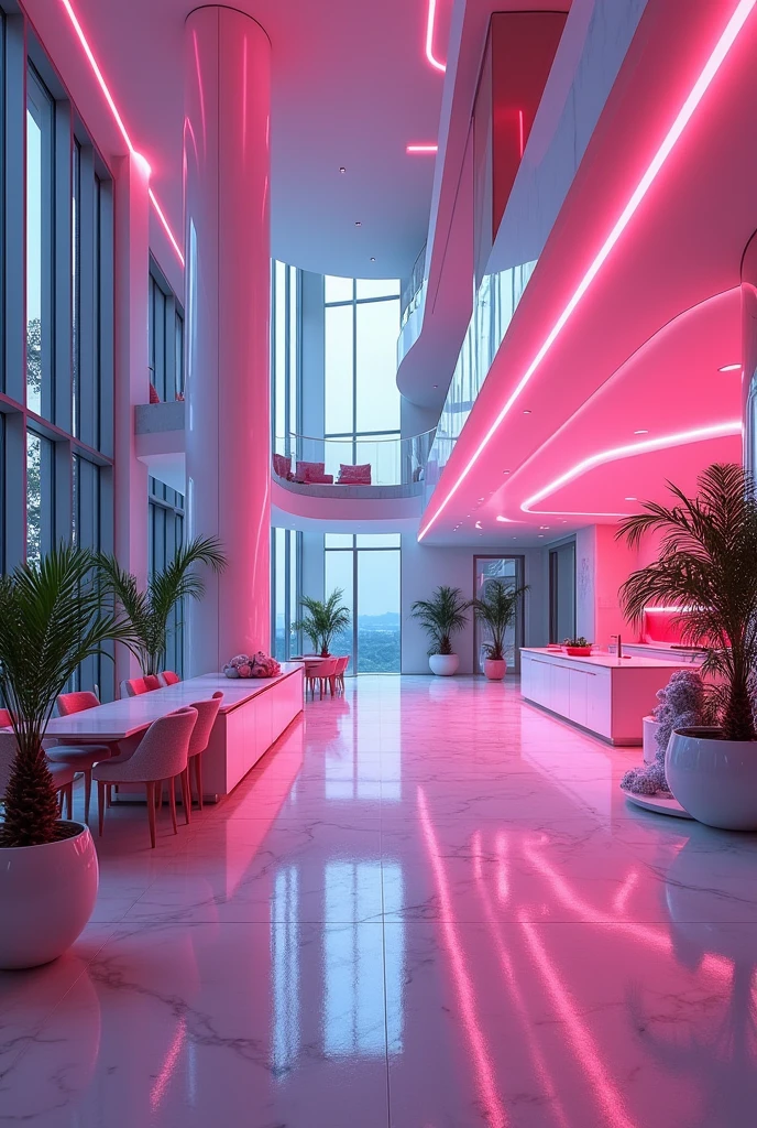 Futuristic mansion led pink interior large kitchen with large windows transparent