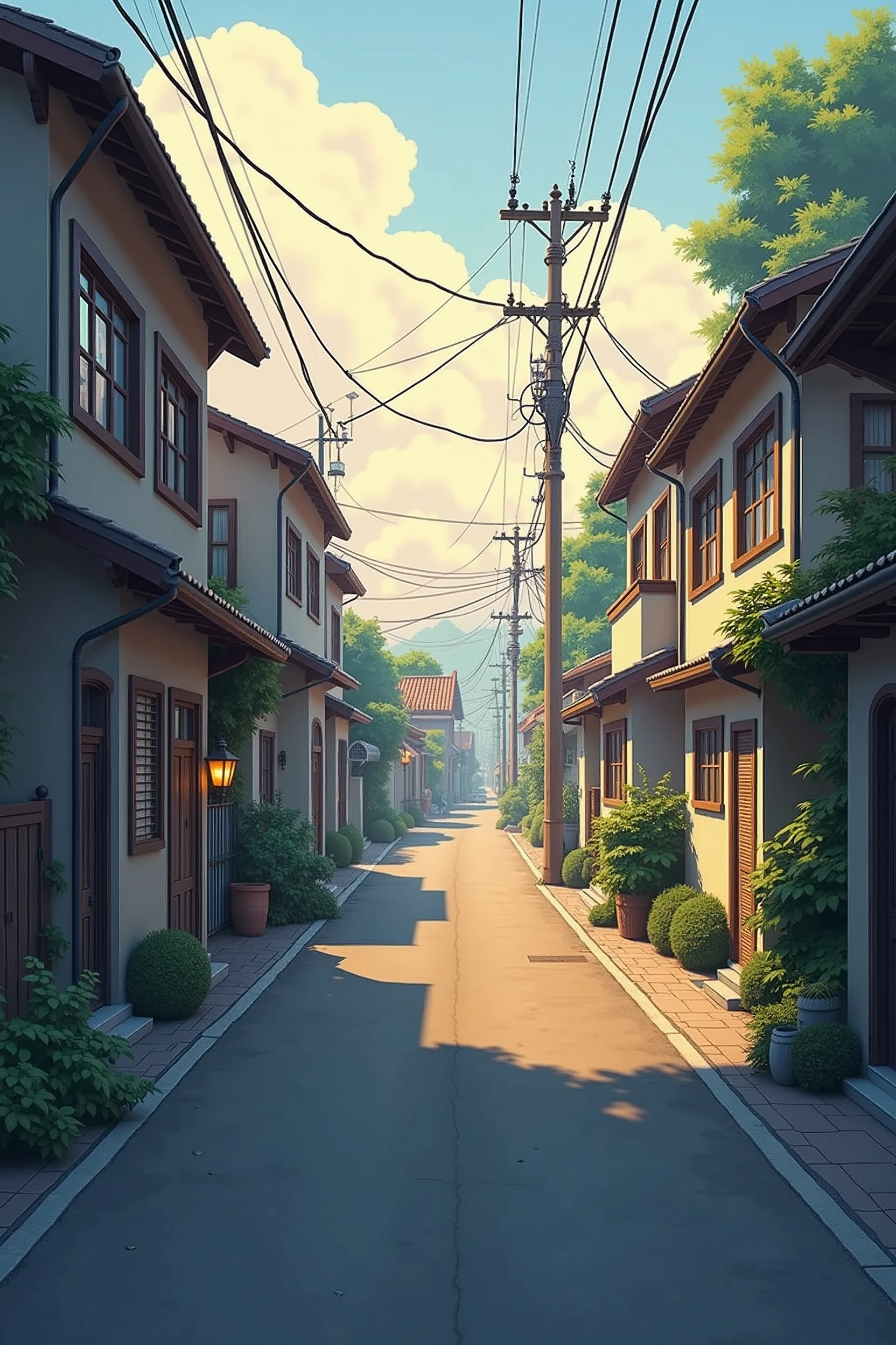 fund, アニメ, in the morning, Void, houses, view of the street,