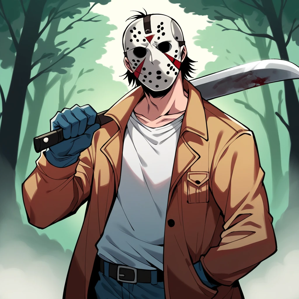 "Jason Voorhees em estilo cartoon, with an average physique and gray skin, wears his classic white hockey mask. He is in a dark and foggy forest, wearing a tattered, blood-stained jacket and holding a machete. The moonlight shines sinisterly, illuminating part of his mask, creating an atmosphere of suspense."