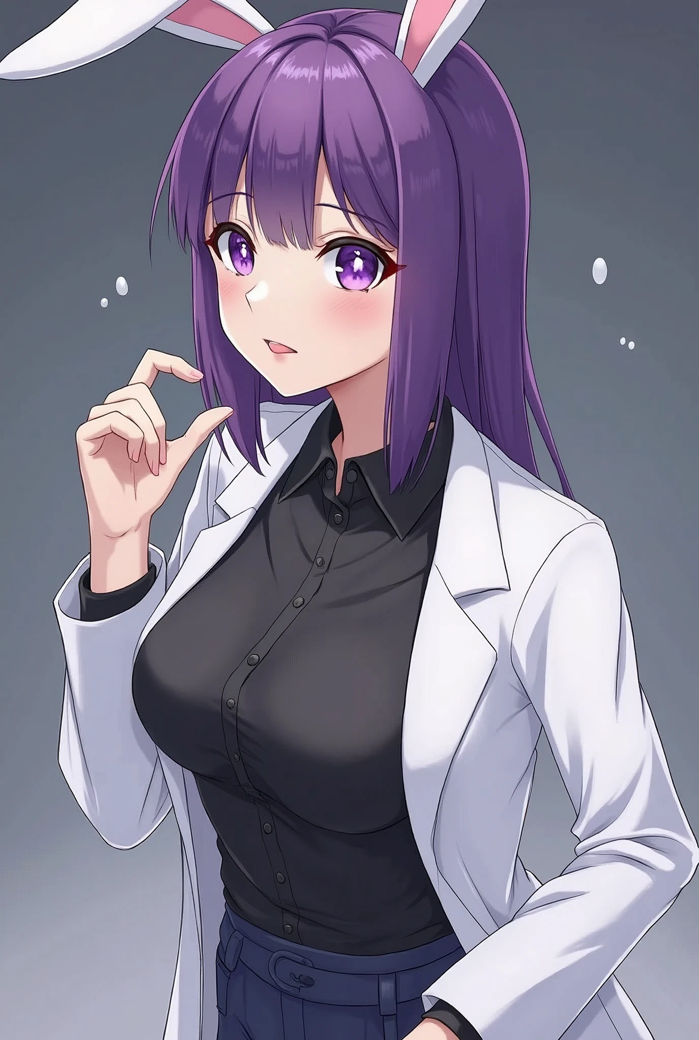 women; scientific; white lab coat; black blouse; medium breasts; purple eyes large star-shaped pupil ; purple hair; Bunny Ears;