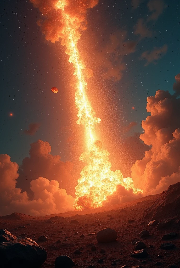 A meteor explosion high in the sky with large pieces falling to the ground
