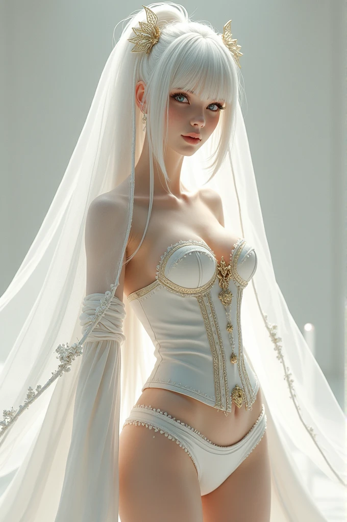 masculine boy, long white hair tied in a high ponytail, pale skin and innocent blue eyes, a white corset with gold embroidery, a pair of white short shorts and a thigh high garter, a long white veil with flowers