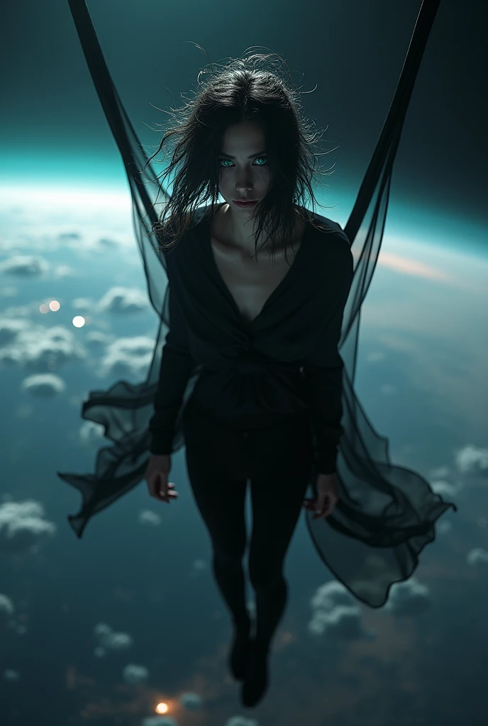 A sexy male with delicate facial features, black long hair, and teal blue eyes swinging in space and looking down at the earth. He is wearing all-black gothic clothes. No facial hair.