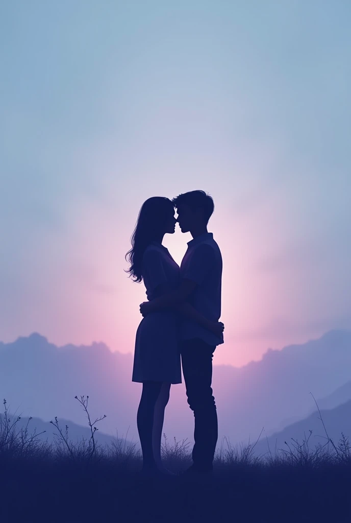 Un design avec deux silhouettes se tenant la main ou se regardant intensément, symbolisant leur connexion profonde. Le fond pourrait être un dégradé de couleurs douces, comme des bleus et des violets, pour évoquer la sérénité et l'intensité émotionnelle.