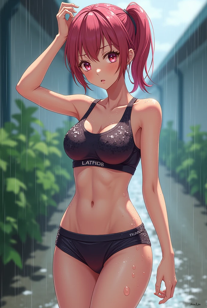 A wet anime athlete girl showing her underwear
