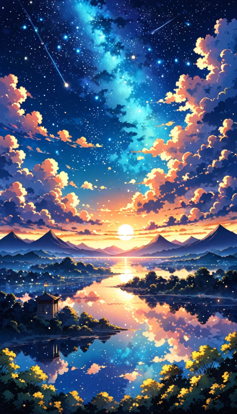 Fantasy sky with stars and clouds,Overall color of the anime,night vision,moonlit starry sky environment,A brilliant view at sunset。