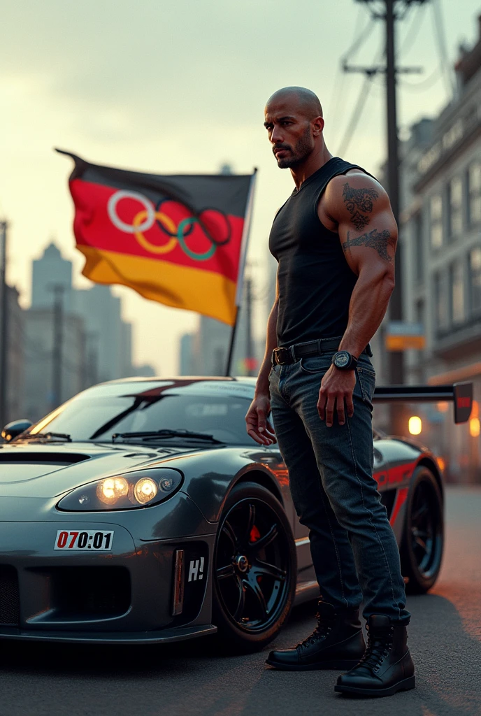 Dominic Toretto with Olympic flag on his car Family comes first