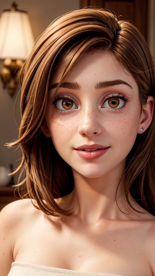 Ultra-realistic full face, full body photorealistic image of a 34 year old goddess with a beautiful face, with deep brown eyes that captivate anyone who meets them. Her short brown hair falls gracefully, framing your face with elegance. Full lips paint a smile. Your face is adorned with one or more blemishes, adding a touch of mystery and charm. Light freckles give a playful and natural look to your appearance., giving you an aura of freshness. Your beauty is a harmonious mix of unique and captivating features, making you irresistibly attractive.