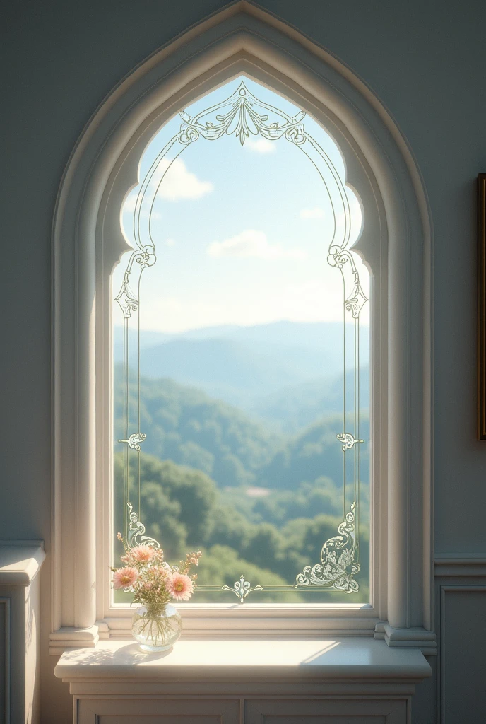 Soft white Victorian style window showing a beautiful landscape behind it with an entertainment in the background