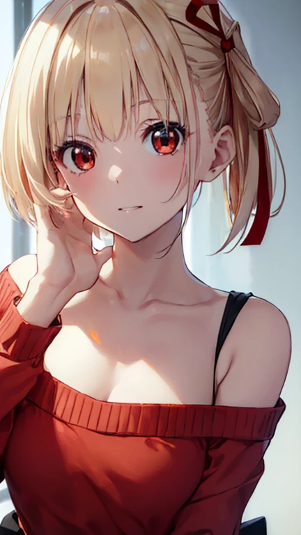Chisatoniki, Chisato, short hair, bangs, Blonde, (Red eyes:1.5), Hair Ribbon, One side up, Bobcut,
Exposing shoulders, Twin tails, clavicle、Off-the-shoulder sweater、Upper chest、 Stomach、panties、Red ribbon, ショートTwin tails, Grin,Highest quality, High resolution, (shape:0.8), (Beautiful and beautiful eyes:1.6), Highly detailed face, Perfect lighting, Detailed CG, (Perfect hands, Perfect Anatomy)