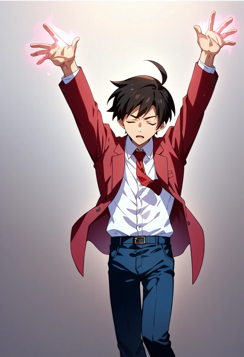 score_9, score_8_up, score_7_up, 1boy, solo, male focus, sakuTomo, black hair, short hair, ahoge, maroon blazer, unbuttoned blazer, long sleeves, red necktie, white shirt, dark blue pants, arms outstretched, standing, inexpressive, ((light aura)), light around, blinding light, closed eyes, bedroom