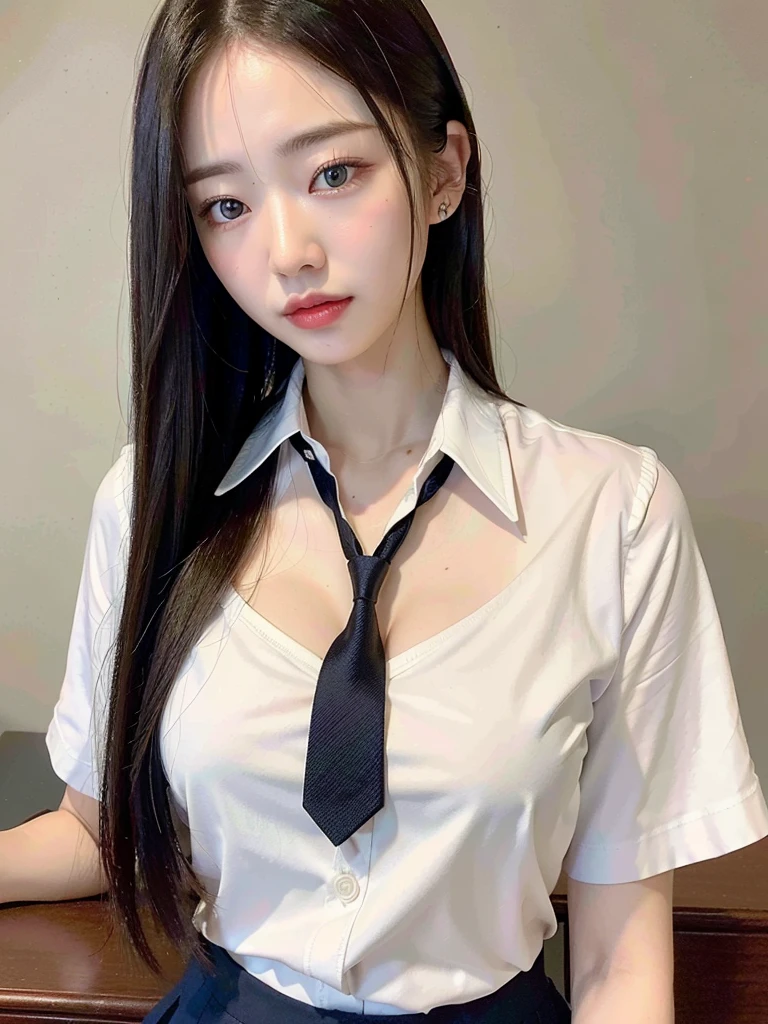(masterpiece:1.3), (8k, Realistic, RAW Photos, Best image quality: 1.4), (Random Hairstyles:1.2)、(Highly detailed face)、Attention to detail、double eyelid、(Dark Eyes),(Sharp focus:1.2)、((whole body:1.5)),One Woman、Beautiful woman:1. 4,20-year-old woman、smile,Woman with a perfect body,Beautiful Abs,Chest-length hair、Highest quality、masterpiece、Ultra-high resolution、(Realistic:1.4)、super high quality、Symmetrical face、The face is very realistic、Photo level、8k最高画質はフル、Sebaceous reflex、The face is very realistic、Extremely realistic skin、Realistic light and shadow effects、(Pure and elegant girl),Professional Lighting、((Swayback stance)),(((Beautiful thighs))),(Sexy pose,Seductive pose),Recurve your hips back,Bend your waist,((dance,dance,Dancing)),((School classroom)),((Accentuate your cleavage)),((Underarm)),(((School Uniform:1.3,White shirt with open buttons,Loosened tie))),Sit at a desk